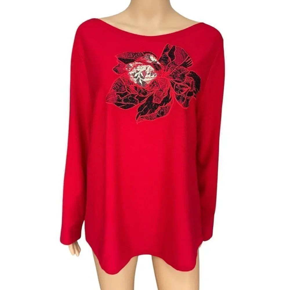 Chico’s red Embellished Floral Bateau-Neck Sweater size L